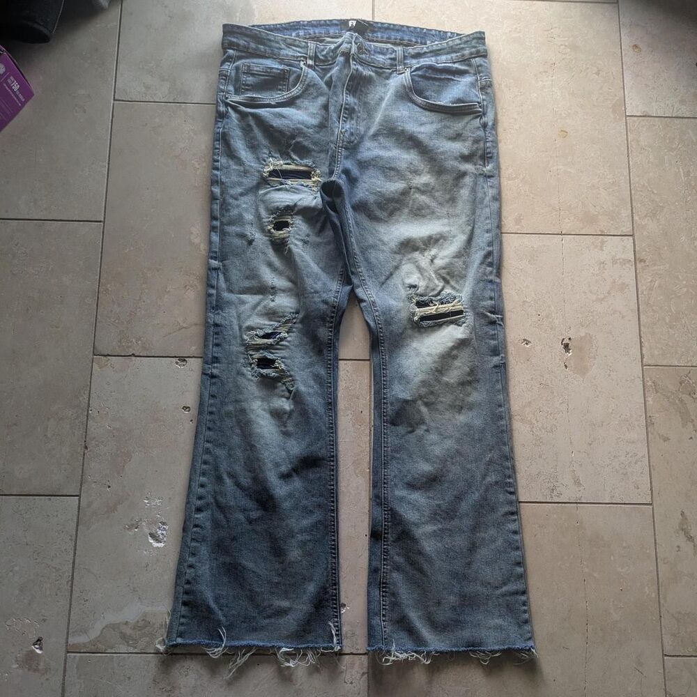 FBRK Blue Distressed Raw Hem Flare Jeans